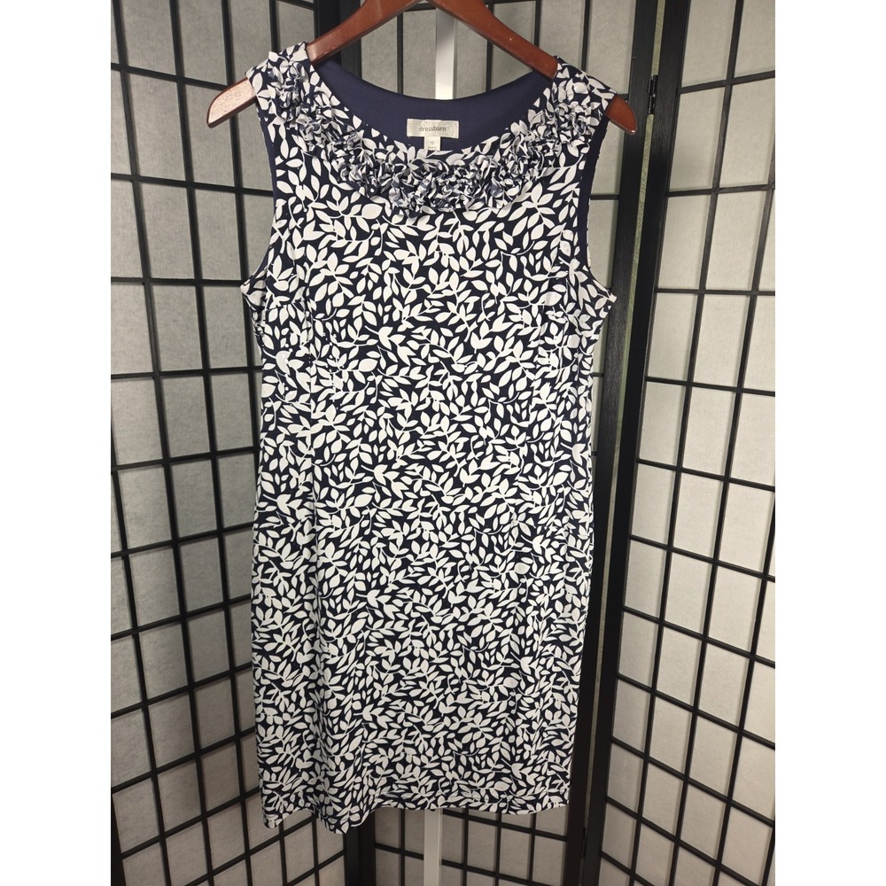 Dressbarn Size 12 Sheath Dress Blue White Botanical‎ Leaf Floral Ruffled Career